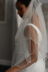 Scalloped beaded short hem 2 tier veil 