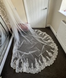 Ivory cathedral veil with sparkle lace appliqués 